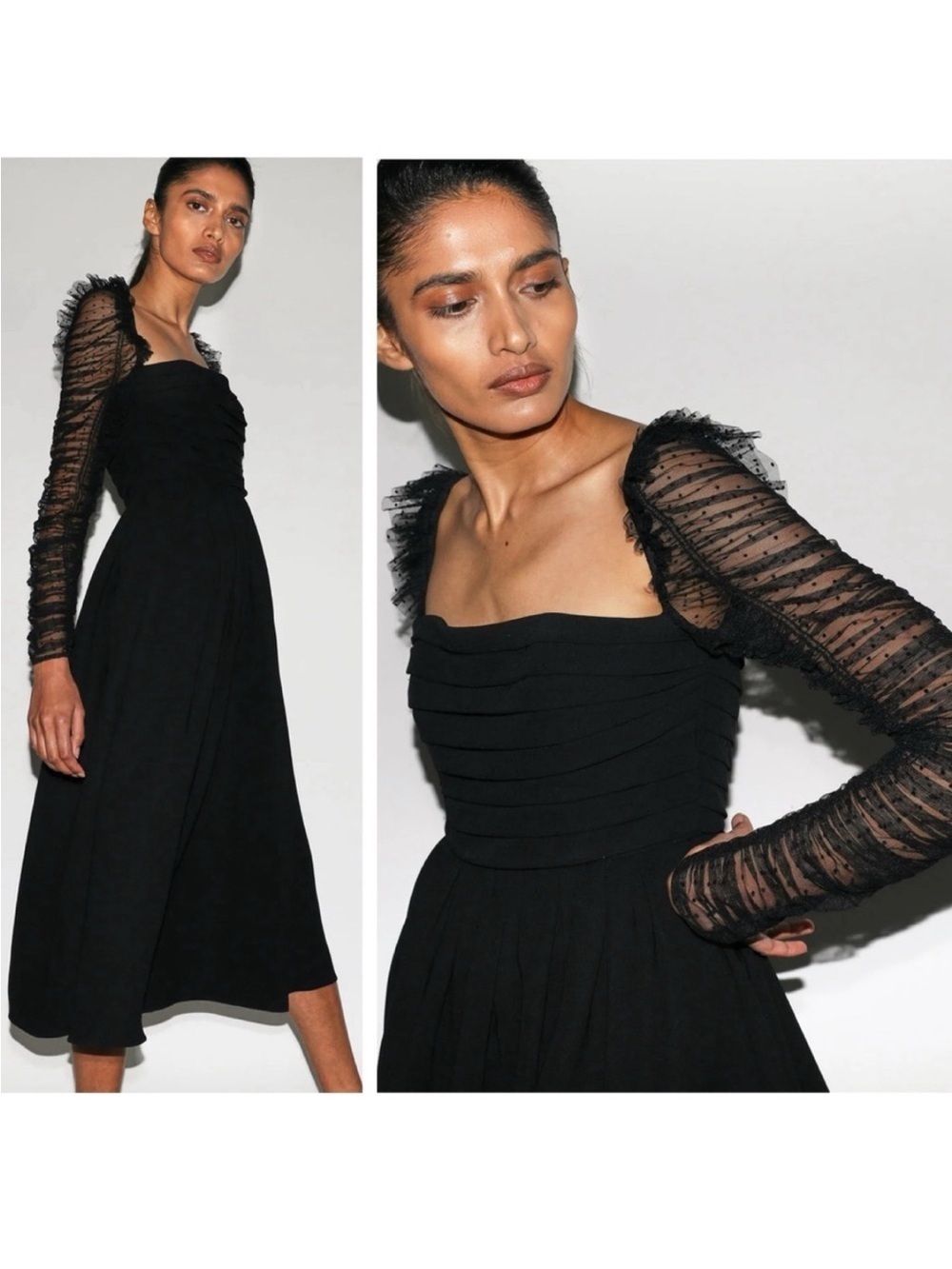 Self-Portrait Crepe Dot Mesh Sleeved Midi Fit and Flare Dress in Black size 2